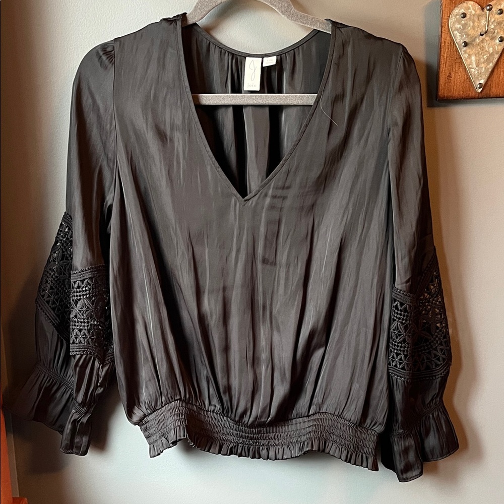 Joie Black V-Neck Blouse with Crochet Sleeve Panels